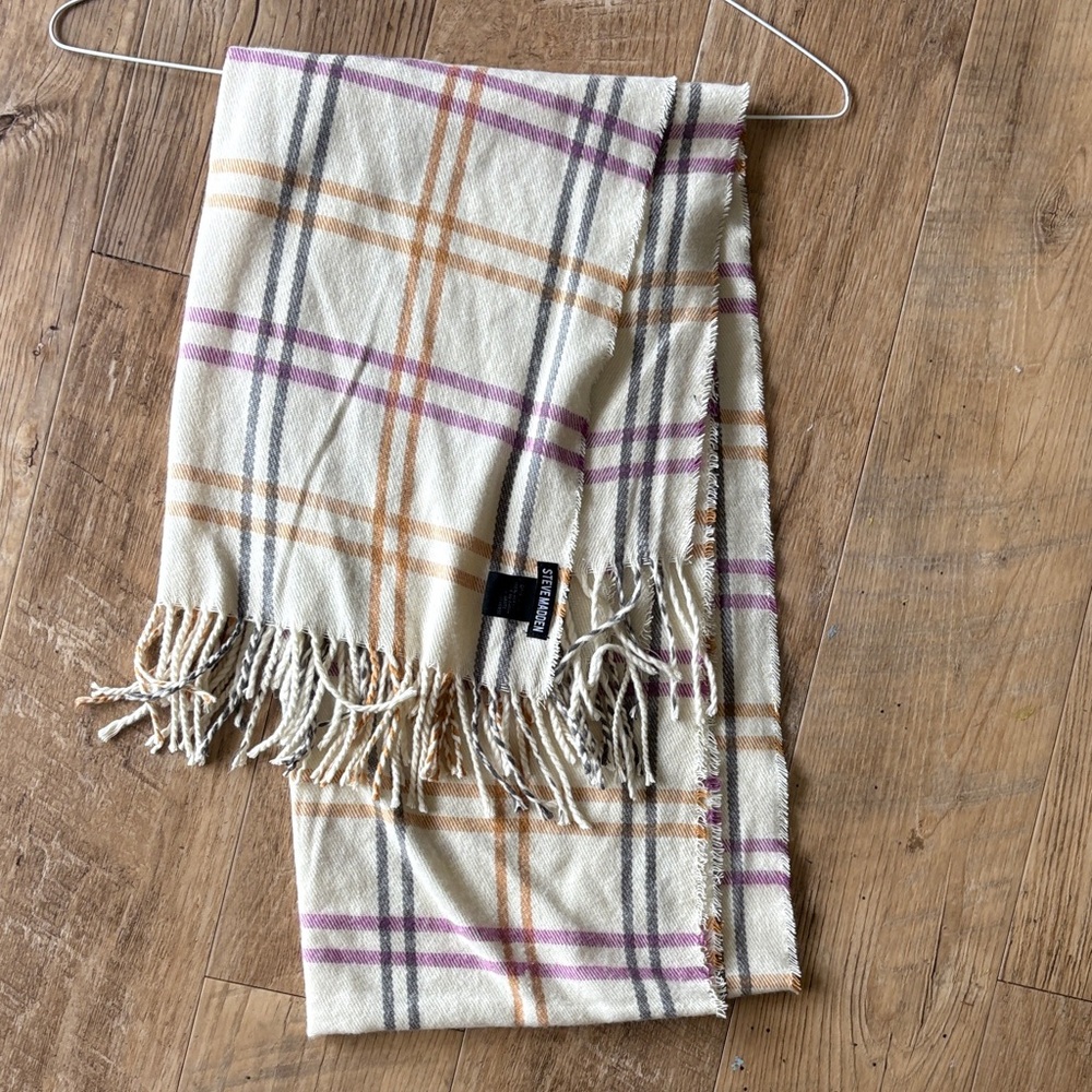 Plaid Fringe Scarf in Cream and Purple